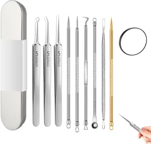10 Pcs Acssart Blackhead Removal Tools, Pimple Popper Tool Kit, Stainless Steel Acssart Blackhead Tweezers, Blackhead Extractor with 15x Magnifying Glass, Metal Case
