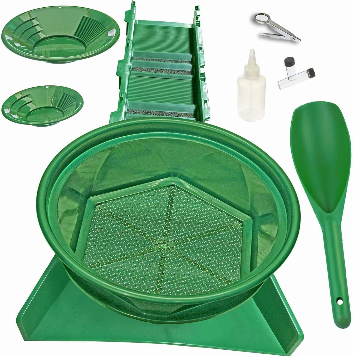 10-Piece Gold Panning Kit for Serious Prospectors: Includes 31" Sluice Box, Pans, Scoop, Sniffer Bottle, and Gold Vials—Perfect for Gold Rush Adventures