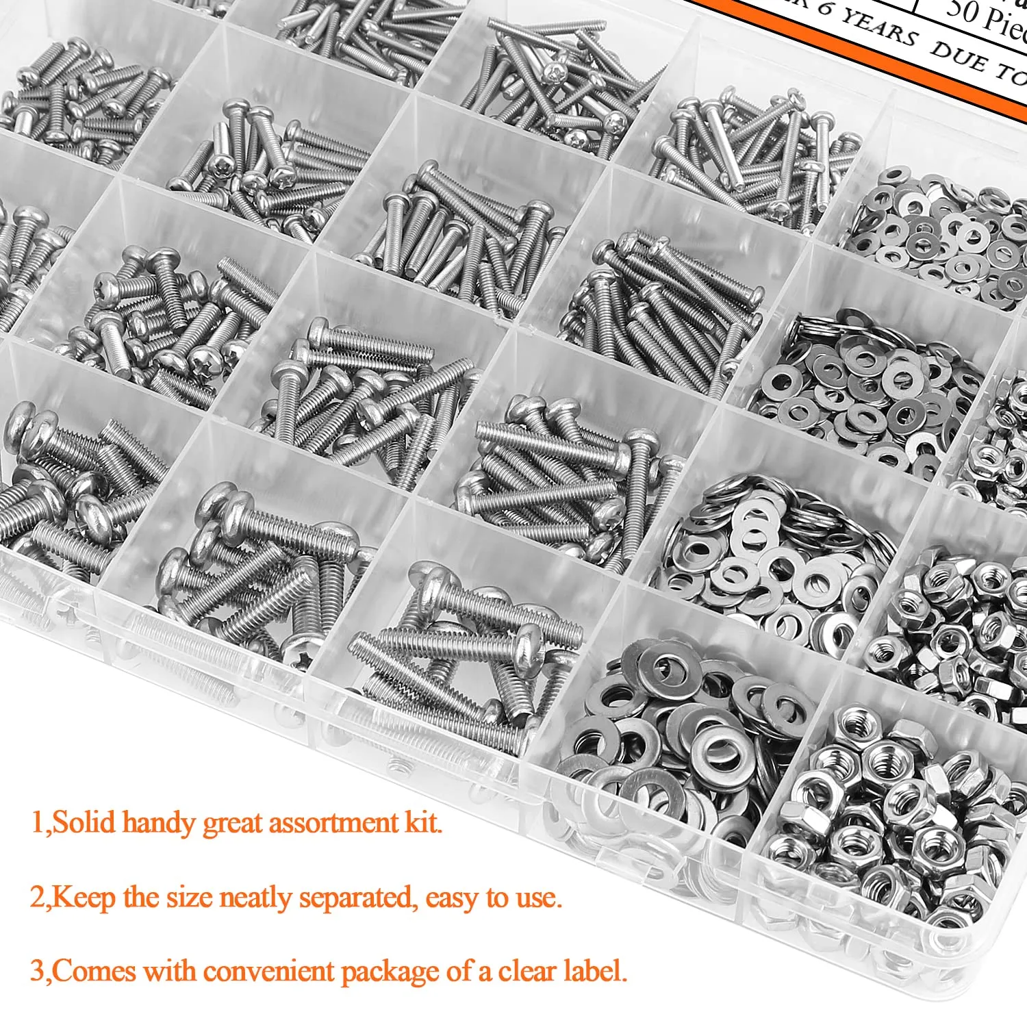1280 Pieces M2 M2.5 M3 M4 304 Stainless Steel Phillips Pan Head Machine Screws, Metric Screws Bolts Washers Nuts Kit, 304 Stainless Steel