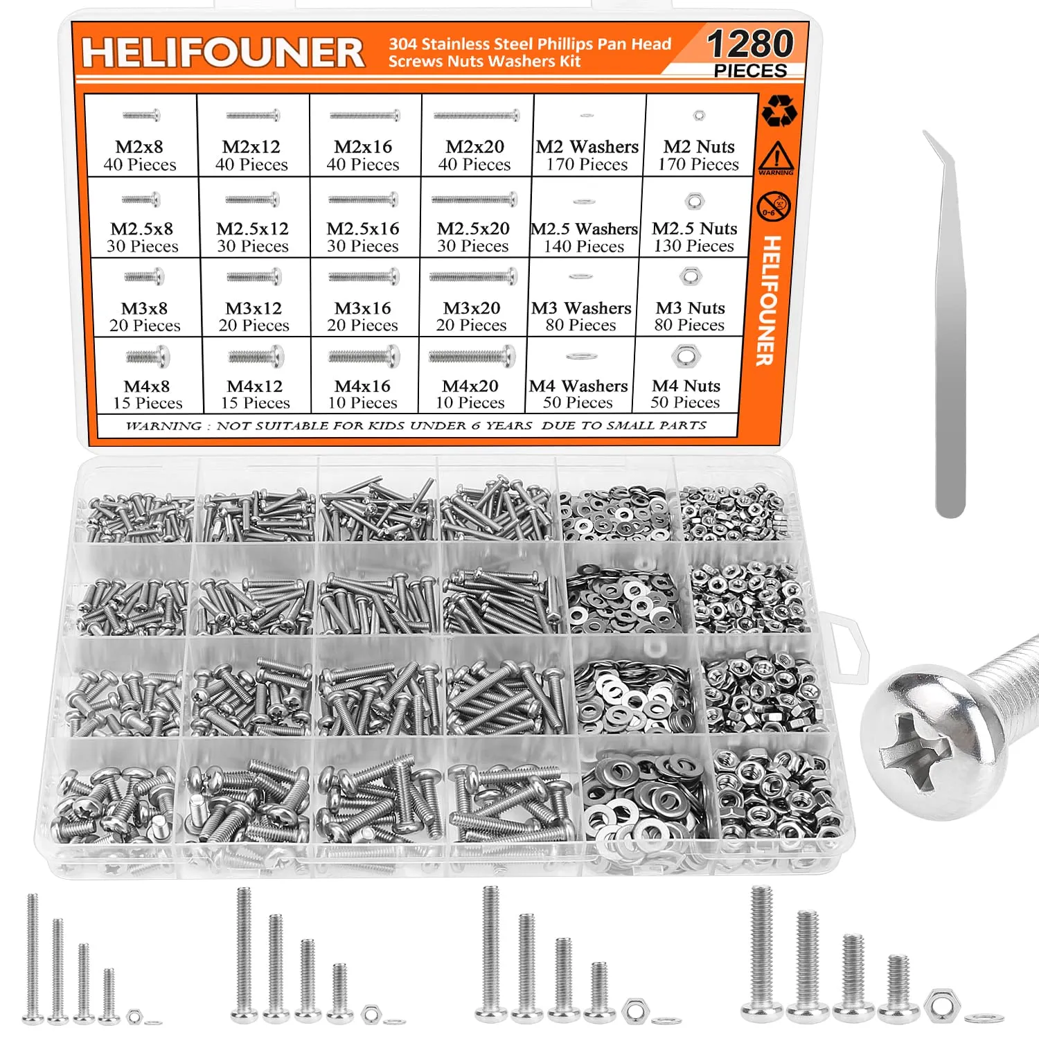 1280 Pieces M2 M2.5 M3 M4 304 Stainless Steel Phillips Pan Head Machine Screws, Metric Screws Bolts Washers Nuts Kit, 304 Stainless Steel