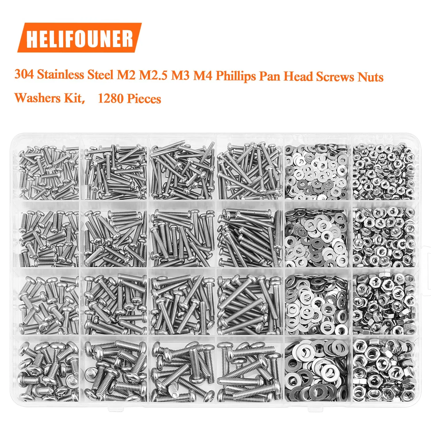 1280 Pieces M2 M2.5 M3 M4 304 Stainless Steel Phillips Pan Head Machine Screws, Metric Screws Bolts Washers Nuts Kit, 304 Stainless Steel