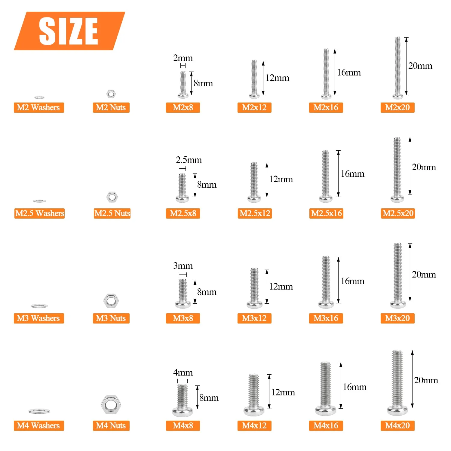 1280 Pieces M2 M2.5 M3 M4 304 Stainless Steel Phillips Pan Head Machine Screws, Metric Screws Bolts Washers Nuts Kit, 304 Stainless Steel