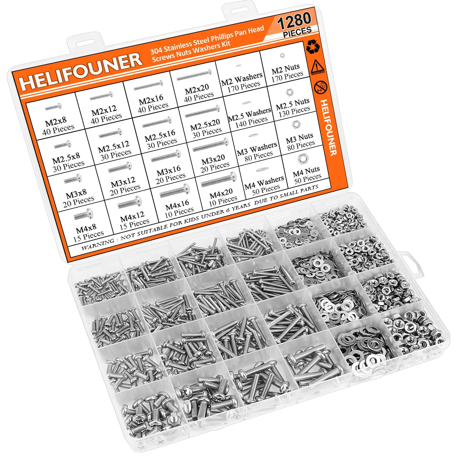 1280 Pieces M2 M2.5 M3 M4 304 Stainless Steel Phillips Pan Head Machine Screws, Metric Screws Bolts Washers Nuts Kit, 304 Stainless Steel