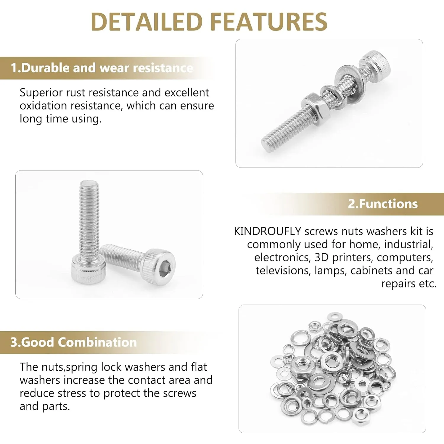 1504 Pieces Socket Head Cap Screws Nuts Washers Kit, Kindroufly M2 M3 M4 Screw Assortment Kit, Metric Screw Set, Bolts and Nuts, Machine Screws, 304 Stainless Steel, Fully Machine Thread, Silver