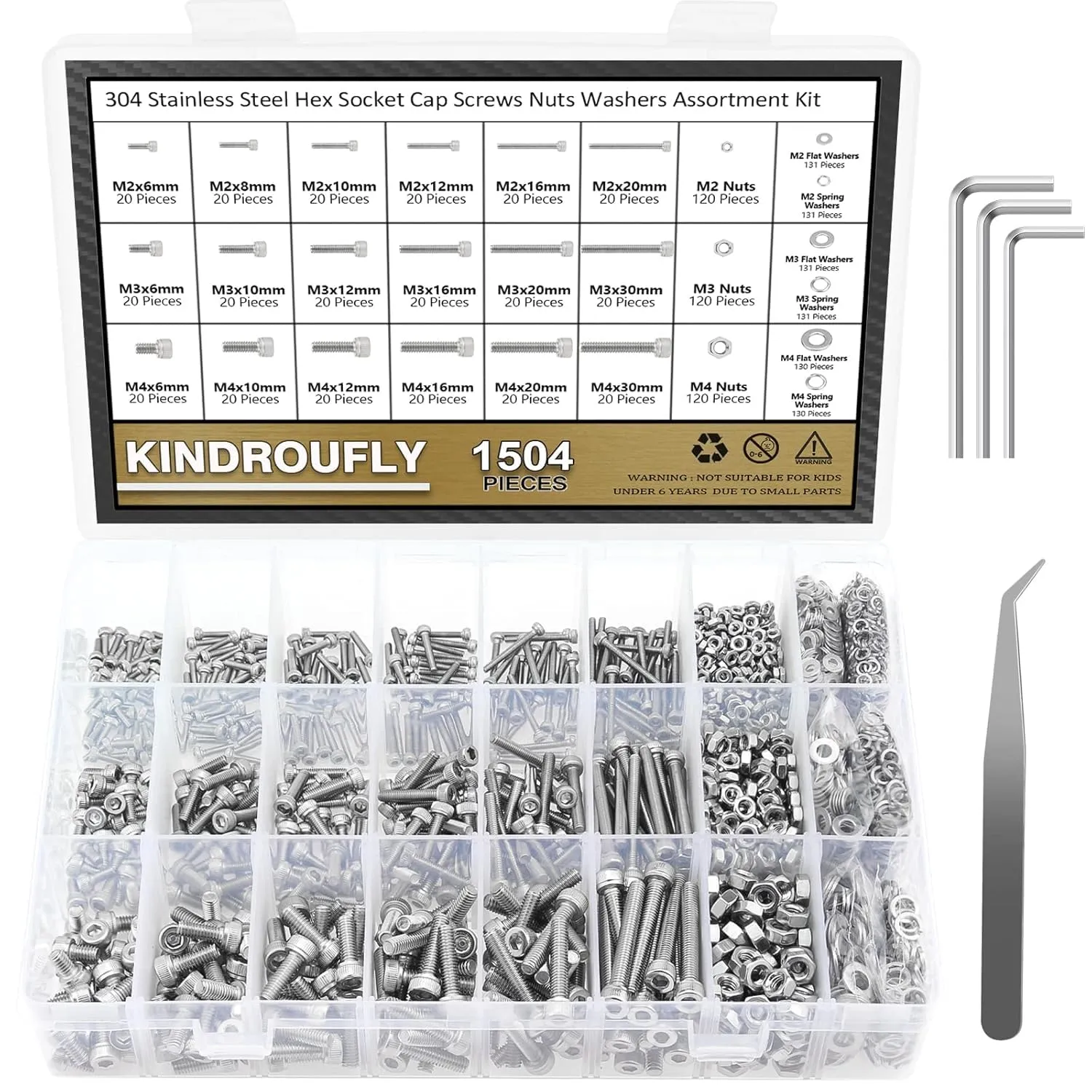 1504 Pieces Socket Head Cap Screws Nuts Washers Kit, Kindroufly M2 M3 M4 Screw Assortment Kit, Metric Screw Set, Bolts and Nuts, Machine Screws, 304 Stainless Steel, Fully Machine Thread, Silver