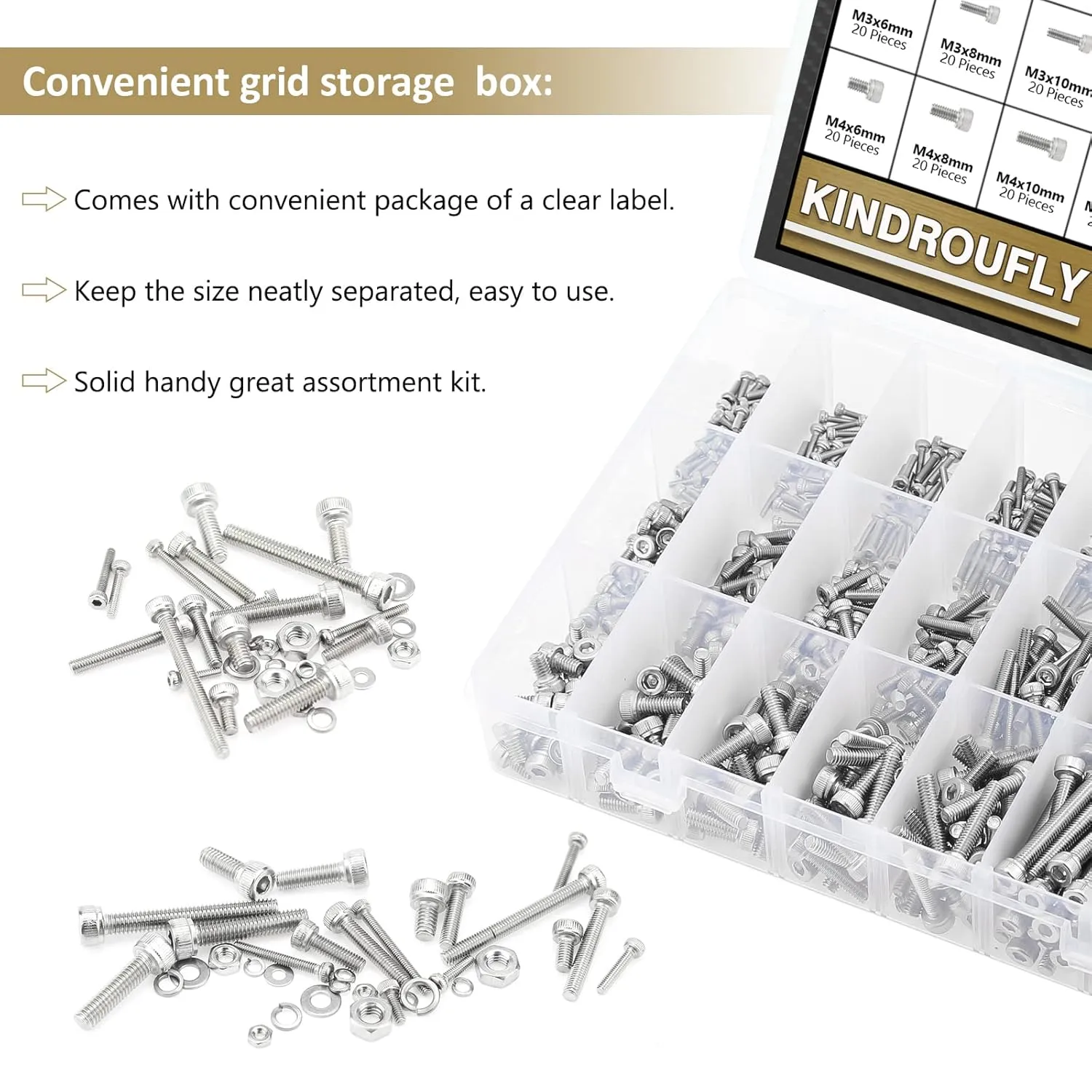 1504 Pieces Socket Head Cap Screws Nuts Washers Kit, Kindroufly M2 M3 M4 Screw Assortment Kit, Metric Screw Set, Bolts and Nuts, Machine Screws, 304 Stainless Steel, Fully Machine Thread, Silver