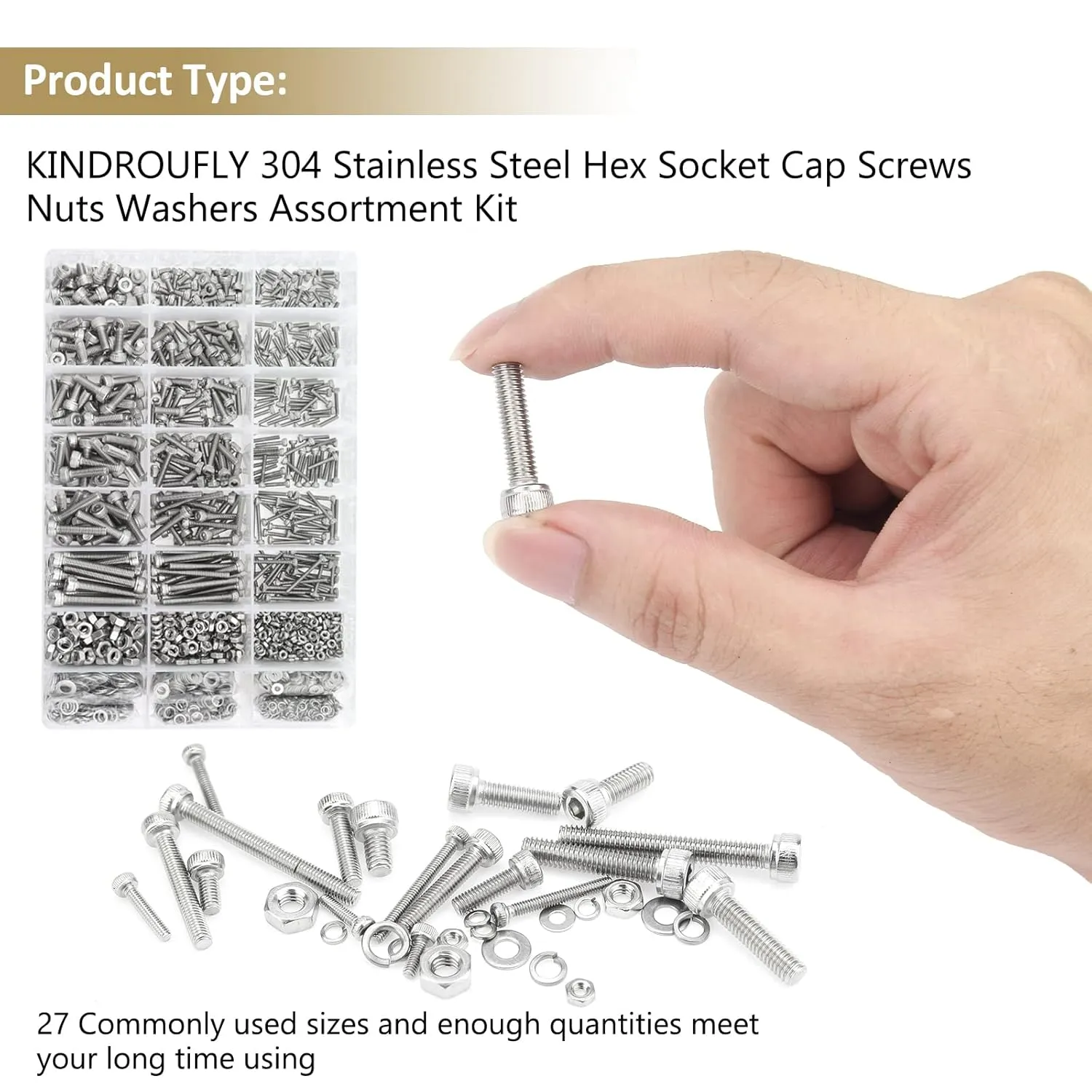 1504 Pieces Socket Head Cap Screws Nuts Washers Kit, Kindroufly M2 M3 M4 Screw Assortment Kit, Metric Screw Set, Bolts and Nuts, Machine Screws, 304 Stainless Steel, Fully Machine Thread, Silver
