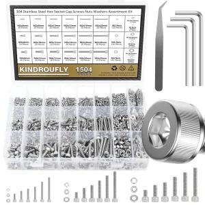 1504 Pieces Socket Head Cap Screws Nuts Washers Kit, Kindroufly M2 M3 M4 Screw Assortment Kit, Metric Screw Set, Bolts and Nuts, Machine Screws, 304 Stainless Steel, Fully Machine Thread, Silver