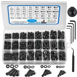 1765PCS M2 M3 M4 M5 Hex Socket Head Cap Screws, 12.9 Grade Alloy Steel Metric Screw Assortment Kit with Nuts and Washers, Machine Screws Bolts Black with Hex Wrenches