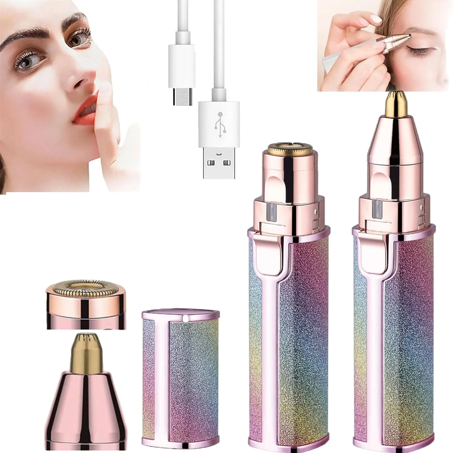 2-in-1 Women's Eyebrow and Facial Hair Removal Device, Electric Portable Face Shaver and Eyebrow Trimmer, Flawless Facial Hair Remover, Rechargeable Lips Body Facial Razor (B)