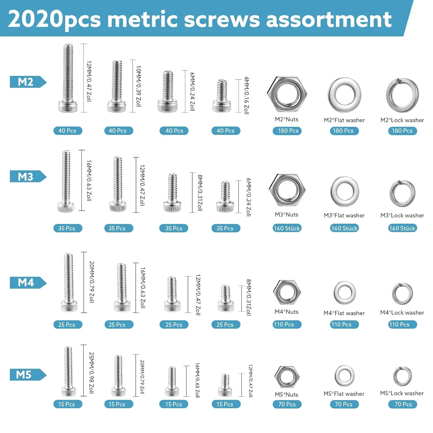 2024 Pcs Metric Screw Assortment, Nuts and Bolts Assortment Kit Metric Machine Screw Assortment M2 M3 M4 M5, 304 Stainless Steel Hex Socket Head Screws Nuts Bolts and Washers Set