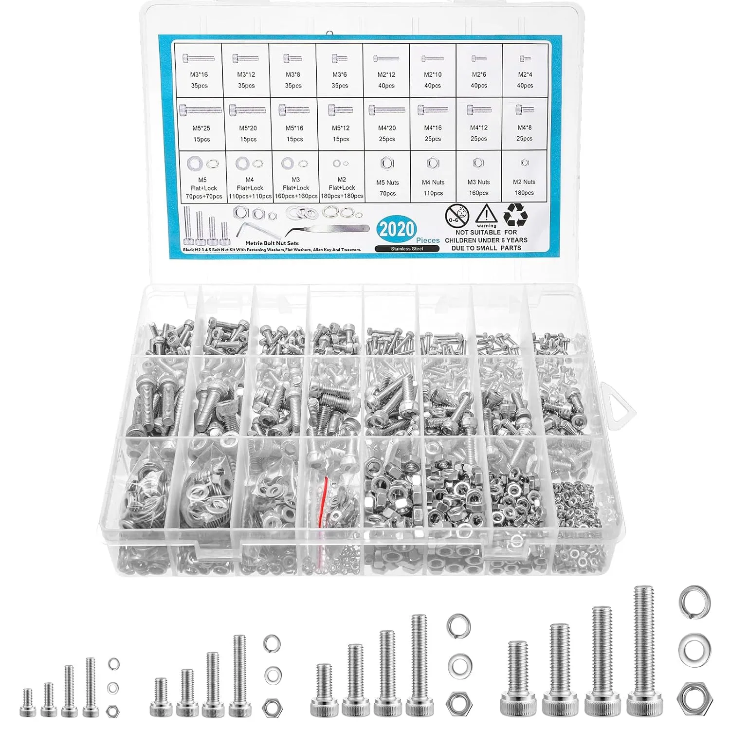 2024 Pcs Metric Screw Assortment, Nuts and Bolts Assortment Kit Metric Machine Screw Assortment M2 M3 M4 M5, 304 Stainless Steel Hex Socket Head Screws Nuts Bolts and Washers Set