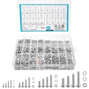 2024 Pcs Metric Screw Assortment, Nuts and Bolts Assortment Kit Metric Machine Screw Assortment M2 M3 M4 M5, 304 Stainless Steel Hex Socket Head Screws Nuts Bolts and Washers Set