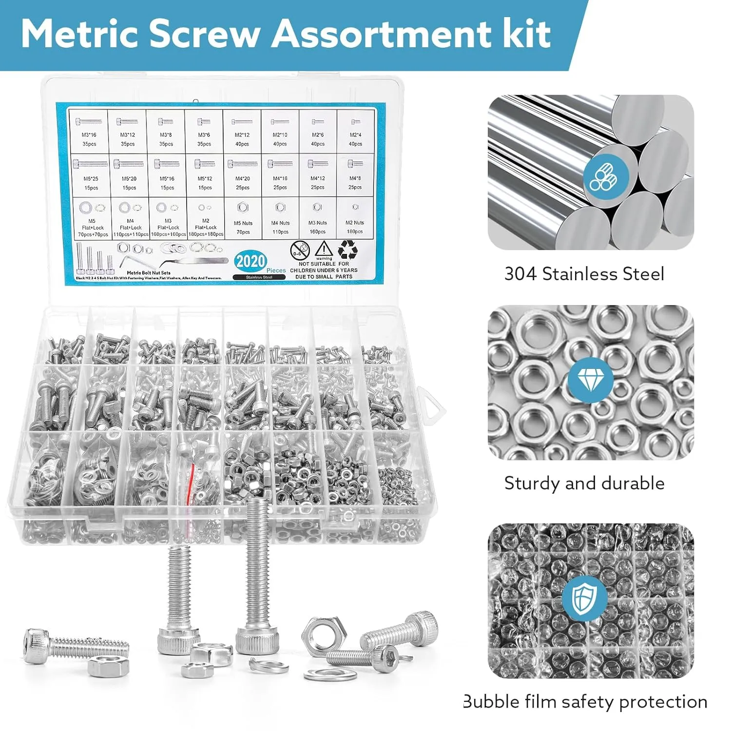 2024 Pcs Metric Screw Assortment, Nuts and Bolts Assortment Kit Metric Machine Screw Assortment M2 M3 M4 M5, 304 Stainless Steel Hex Socket Head Screws Nuts Bolts and Washers Set