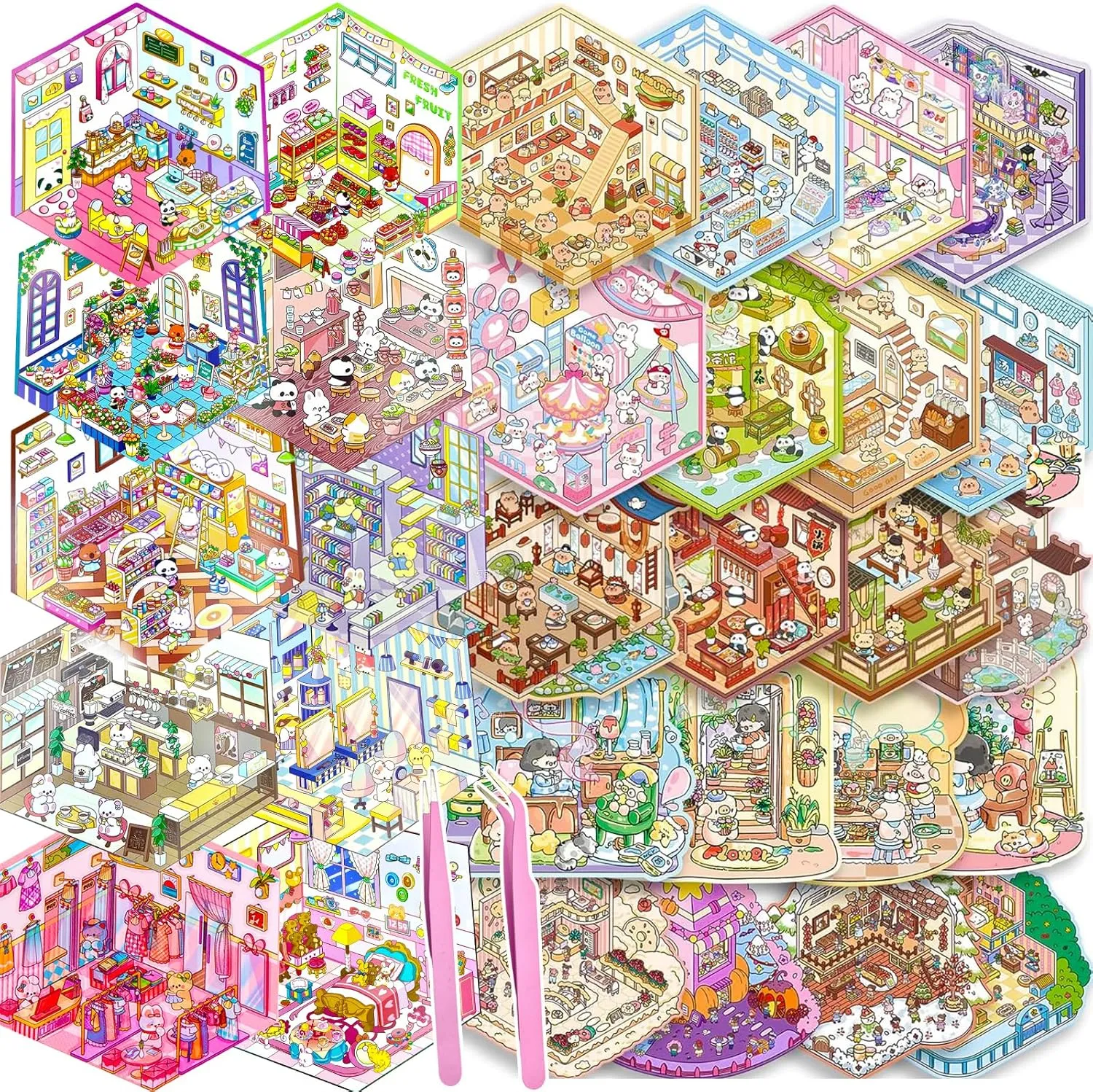 30 Sets DIY 3D House Stickers Kit Non-Toxic & Safe 3D Miniature Scene Therapy for Kids & Adults, Stress Relief Sticker Cartoon Scenes with Tweezers, Reusable Miniature Room DIY Sticker Kit for Age 3 