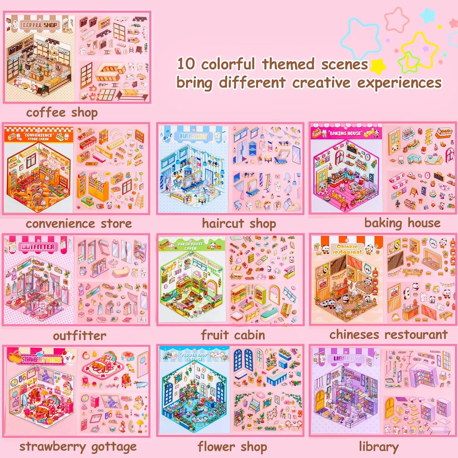 30 Sets DIY 3D House Stickers Kit Non-Toxic & Safe 3D Miniature Scene Therapy for Kids & Adults, Stress Relief Sticker Cartoon Scenes with Tweezers, Reusable Miniature Room DIY Sticker Kit for Age 3 