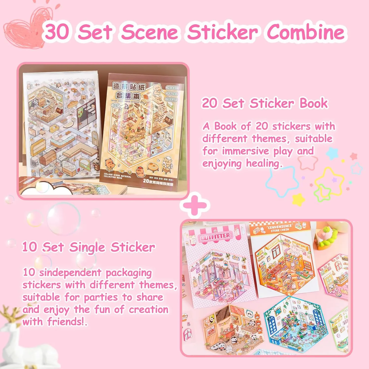 30 Sets DIY 3D House Stickers Kit Non-Toxic & Safe 3D Miniature Scene Therapy for Kids & Adults, Stress Relief Sticker Cartoon Scenes with Tweezers, Reusable Miniature Room DIY Sticker Kit for Age 3 