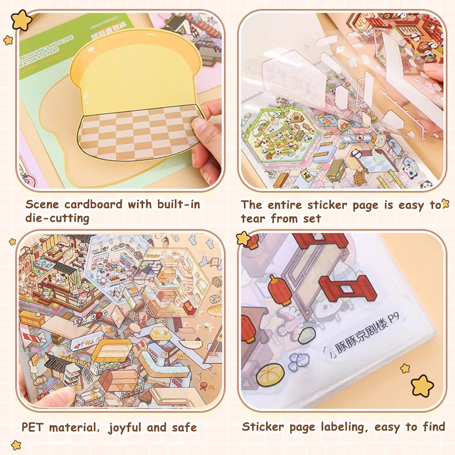 30 Sets DIY 3D House Stickers Kit Non-Toxic & Safe 3D Miniature Scene Therapy for Kids & Adults, Stress Relief Sticker Cartoon Scenes with Tweezers, Reusable Miniature Room DIY Sticker Kit for Age 3 