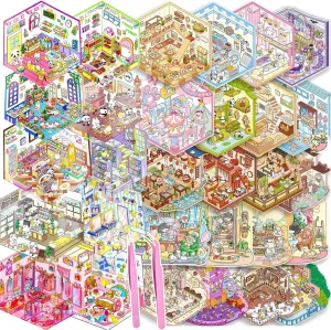 30 Sets DIY 3D House Stickers Kit Non-Toxic & Safe 3D Miniature Scene Therapy for Kids & Adults, Stress Relief Sticker Cartoon Scenes with Tweezers, Reusable Miniature Room DIY Sticker Kit for Age 3 