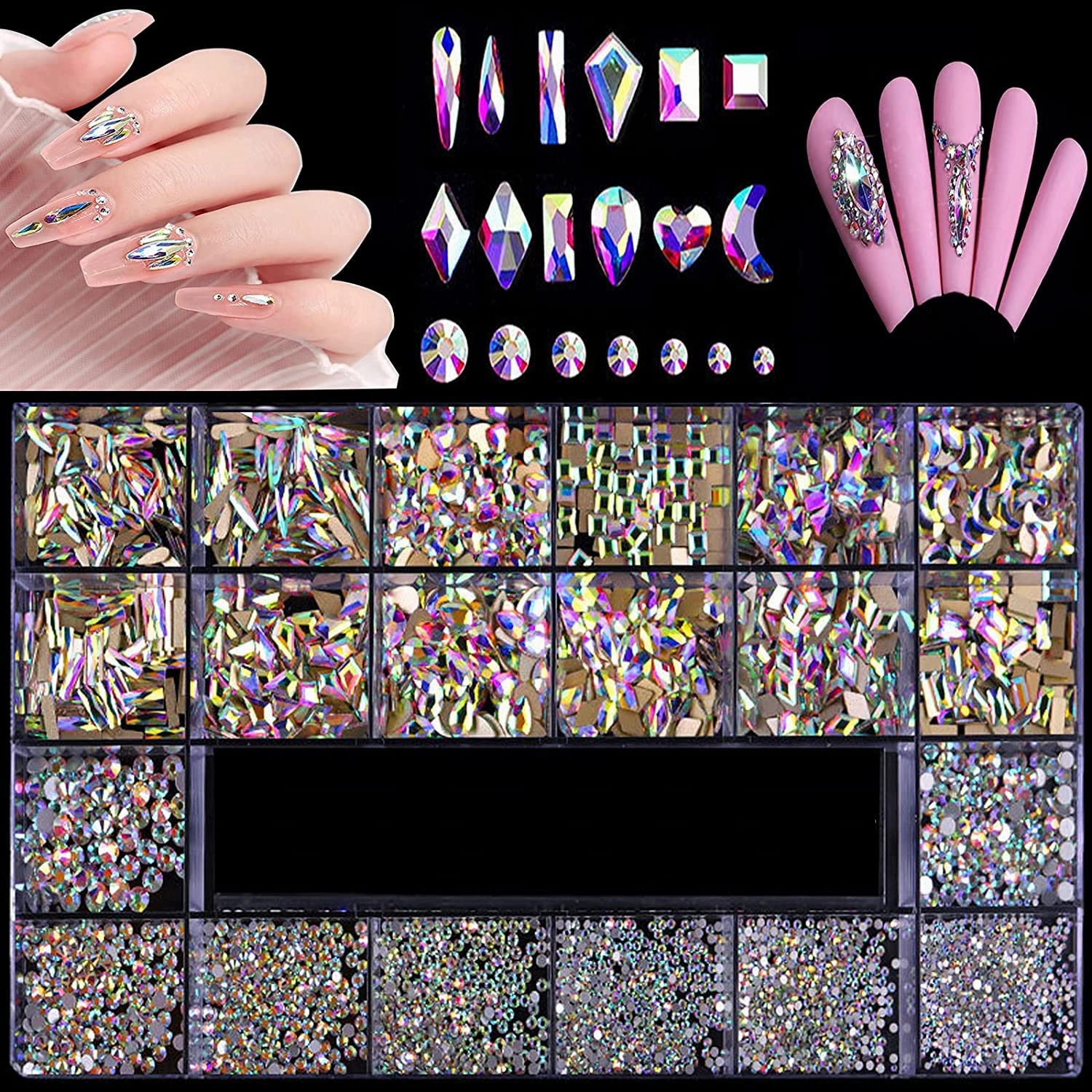 3100Pcs AB Crystal Nail Rhinestones, HOINCO Mix 20 Styles Flatback Rhinestone, 12 Types of 600 Diamonds   2500 Round Beads, Crystals 3D Flat Back Gemstones for Nail DIY Crafts with Tweezers Pen