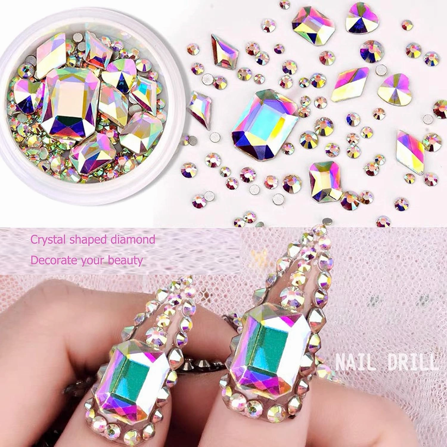 3100Pcs AB Crystal Nail Rhinestones, HOINCO Mix 20 Styles Flatback Rhinestone, 12 Types of 600 Diamonds   2500 Round Beads, Crystals 3D Flat Back Gemstones for Nail DIY Crafts with Tweezers Pen