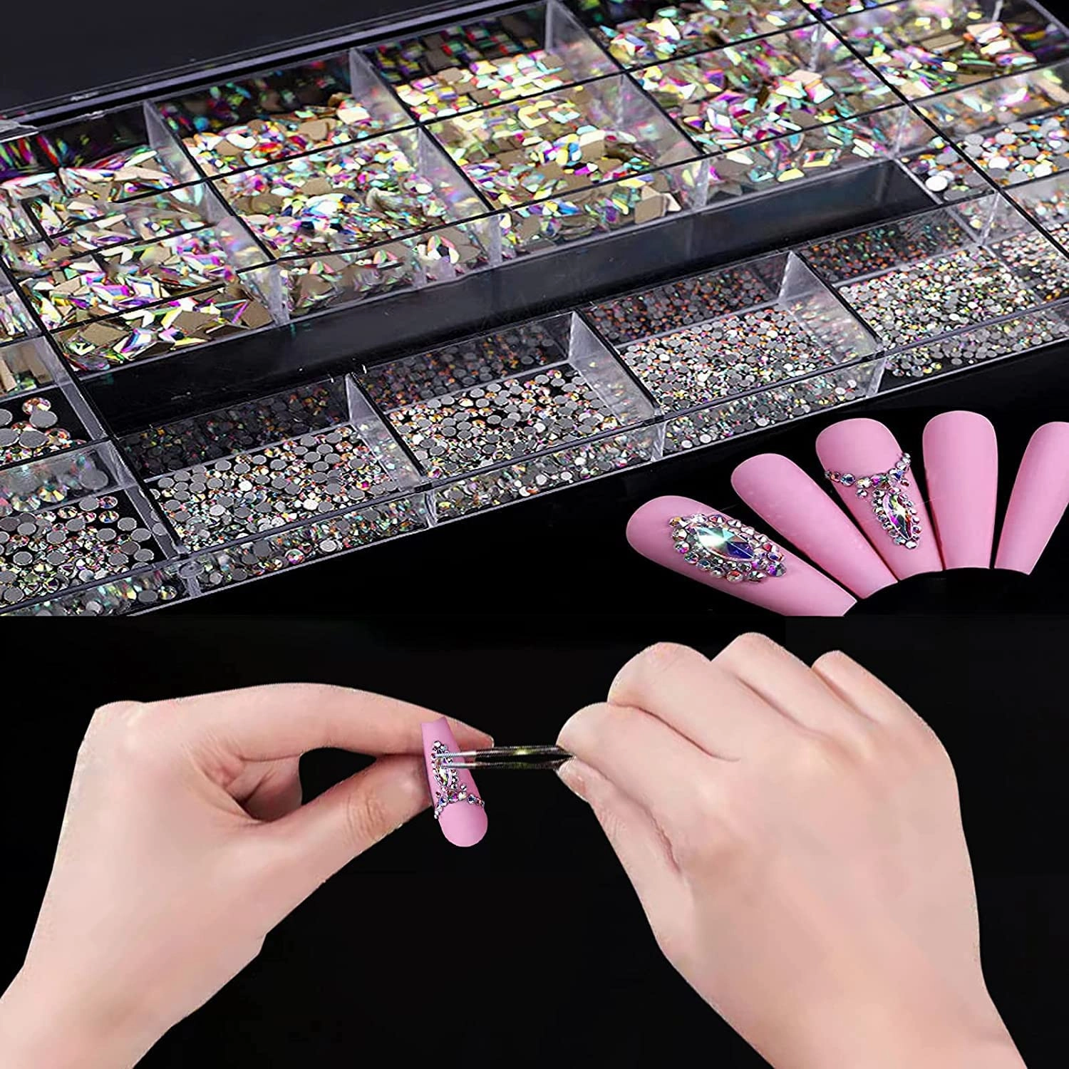 3100Pcs AB Crystal Nail Rhinestones, HOINCO Mix 20 Styles Flatback Rhinestone, 12 Types of 600 Diamonds   2500 Round Beads, Crystals 3D Flat Back Gemstones for Nail DIY Crafts with Tweezers Pen