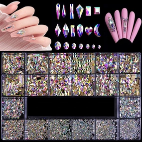 3100Pcs AB Crystal Nail Rhinestones, HOINCO Mix 20 Styles Flatback Rhinestone, 12 Types of 600 Diamonds   2500 Round Beads, Crystals 3D Flat Back Gemstones for Nail DIY Crafts with Tweezers Pen