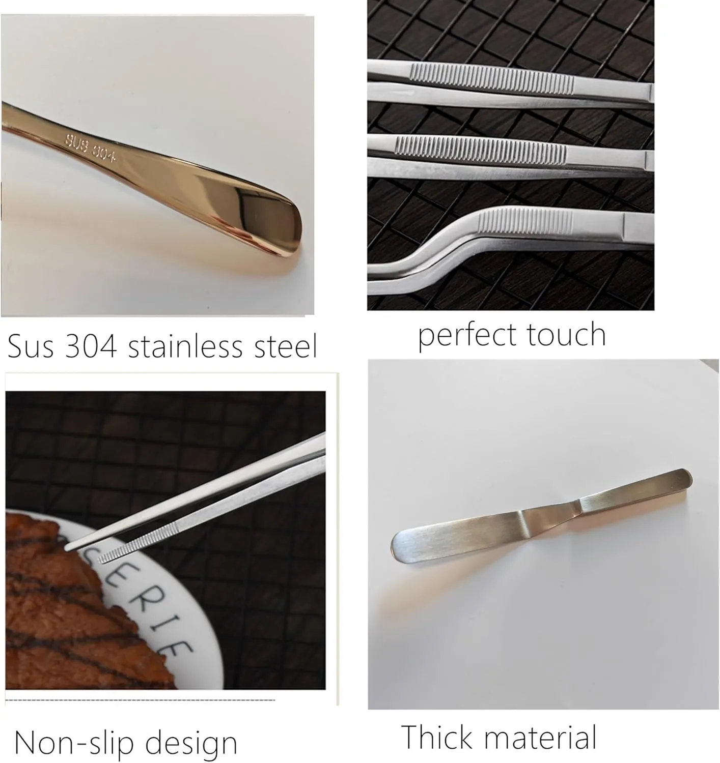 4 Pcs Stainless Steel Kitchen Chef Cooking Tweezers Precision Tongs Drawing Spoons Offset Spatula Set for Professional Chef Food Culinary Plating Decorating (Silver)