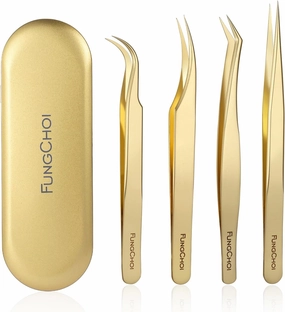 4-Piece High Precision Eyelash Extension Tweezers Set, Straight and Curved Lash Tweezers for Extensions, Volume Lash Tweezers for Crafting, with Iron Box Packaging