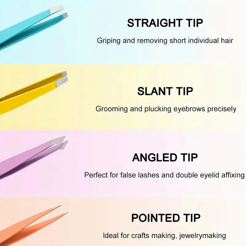 4-Pieces: Tweezers For Eyebrows, Straight, Slant, Angled and Pointy Tip