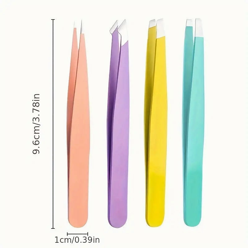 4-Pieces: Tweezers For Eyebrows, Straight, Slant, Angled and Pointy Tip