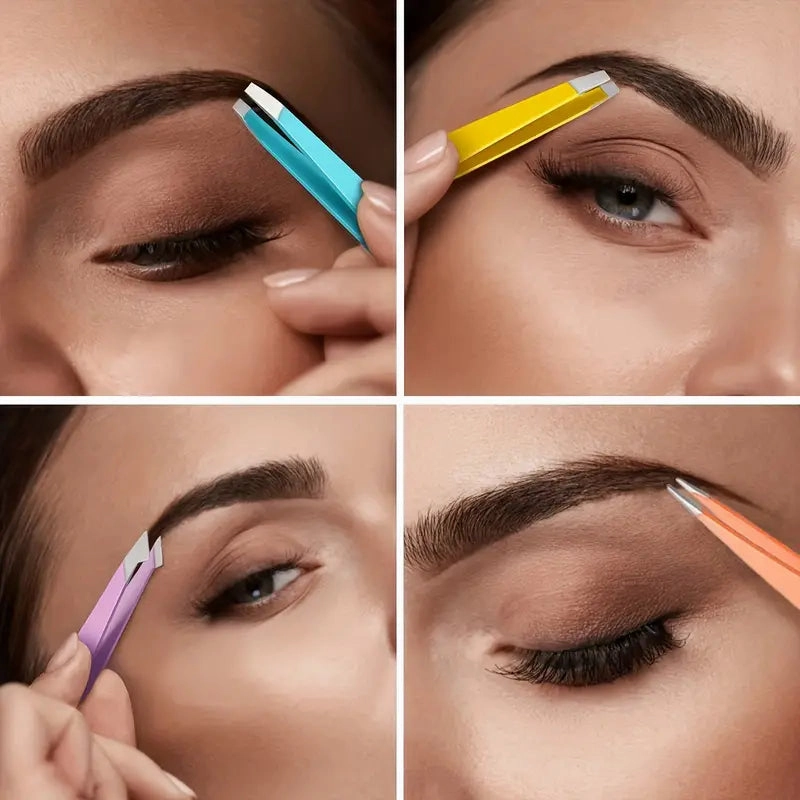 4-Pieces: Tweezers For Eyebrows, Straight, Slant, Angled and Pointy Tip