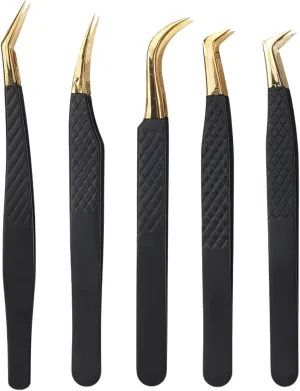 5 Pcs Stainless Steel Lash Tweezers Set, High-Precision Eyelash Extension Tools With Curved Tips, Non-Slip Grip, Perfect For Beauty Salons And Home Use
