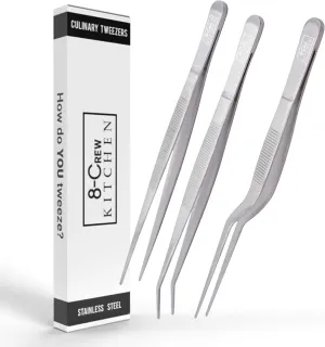 8-CREW KITCHEN Culinary Stainless Steel Tweezers, 6-inch Set of 3 Chef Precision Tongs for Plating, Decorating, Food Design, Bar and Multi-Purpose