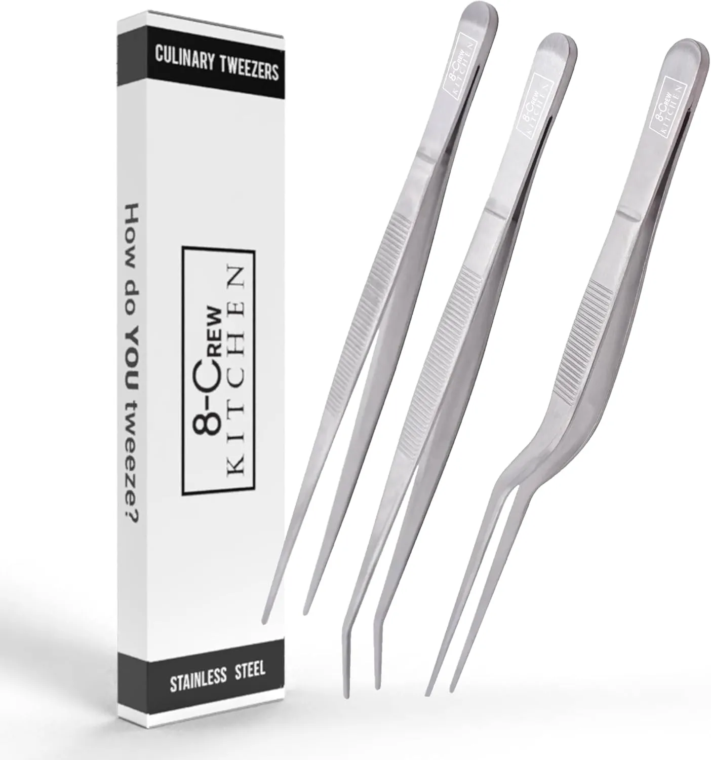 8-CREW KITCHEN Culinary Stainless Steel Tweezers, 6-inch Set of 3 Chef Precision Tongs for Plating, Decorating, Food Design, Bar and Multi-Purpose
