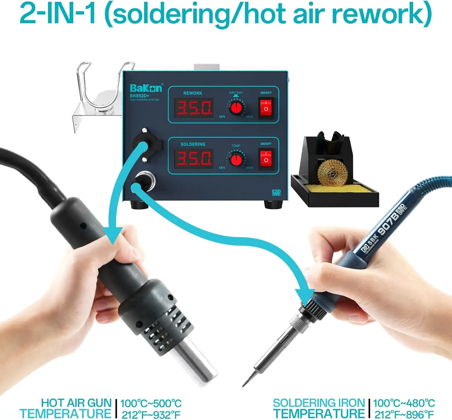 852d  Heat Gun And Soldering Iron 2-In-1 Kit, Smd Hot Air Rework Soldering Station, Multiple Functions Electronics Kit, Led Digital Display, Knob Type Adjustable Temperature (BK852D )