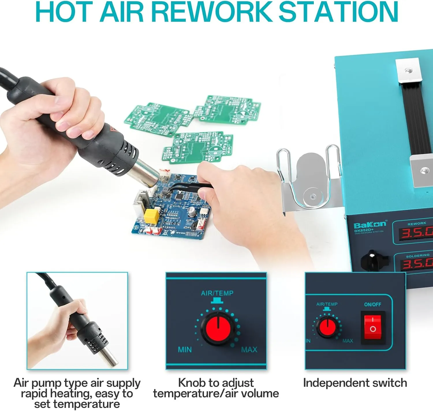852d  Heat Gun And Soldering Iron 2-In-1 Kit, Smd Hot Air Rework Soldering Station, Multiple Functions Electronics Kit, Led Digital Display, Knob Type Adjustable Temperature (BK852D )