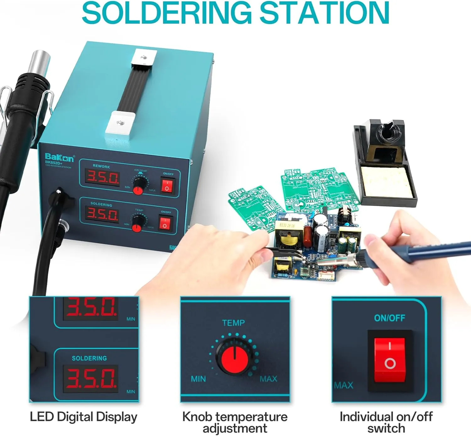 852d  Heat Gun And Soldering Iron 2-In-1 Kit, Smd Hot Air Rework Soldering Station, Multiple Functions Electronics Kit, Led Digital Display, Knob Type Adjustable Temperature (BK852D )