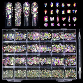 AB-Colored Nail Rhinestones for Nail, 5380Pcs AB Flatback Glass Nail Charms Gems Stones, 19 Types of Shaped Nail Art Rhinestones Kit with Picking Pen and Tweezers, 6 Sizes for Decoration