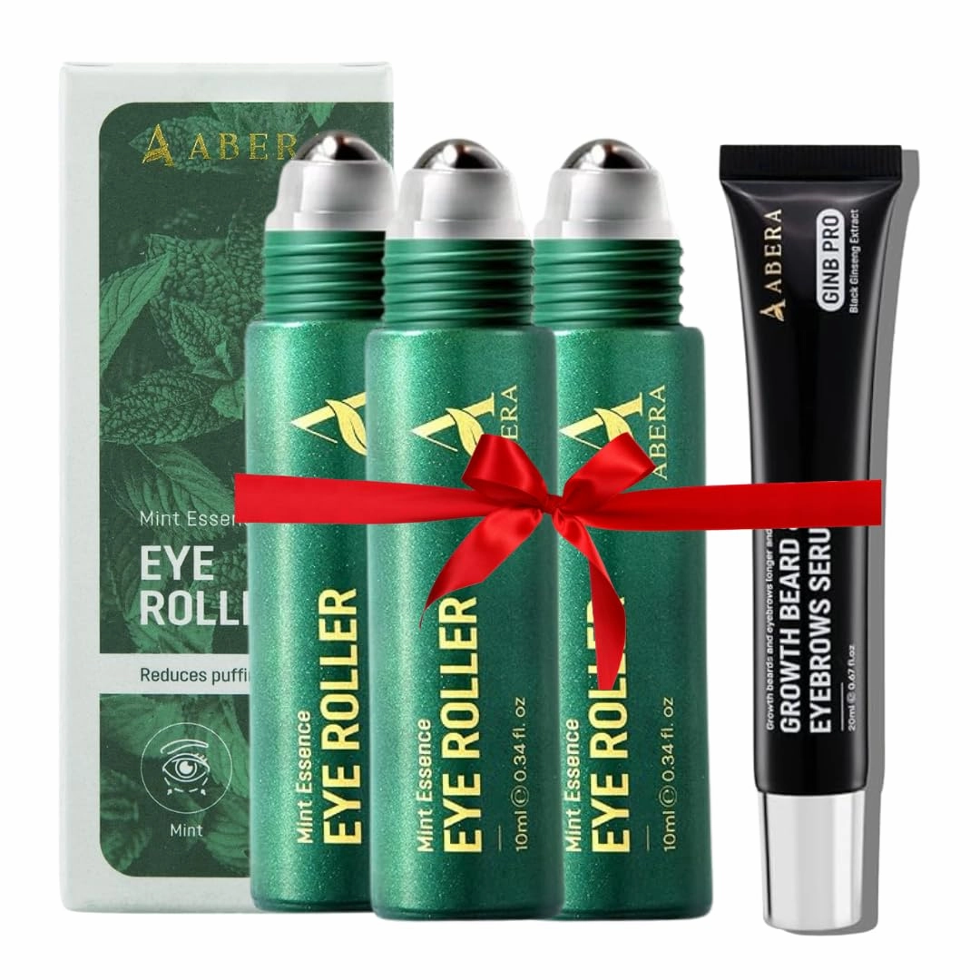 Abera Eye Roller Serum for Men – Cooling Roller for Puffy Eyes & Dark Circles, Under Eye Treatment with Mint Essence, Vitamin C & Peptides, 0.34 Fl Oz, 3 Box   1 Eyebrows Serum