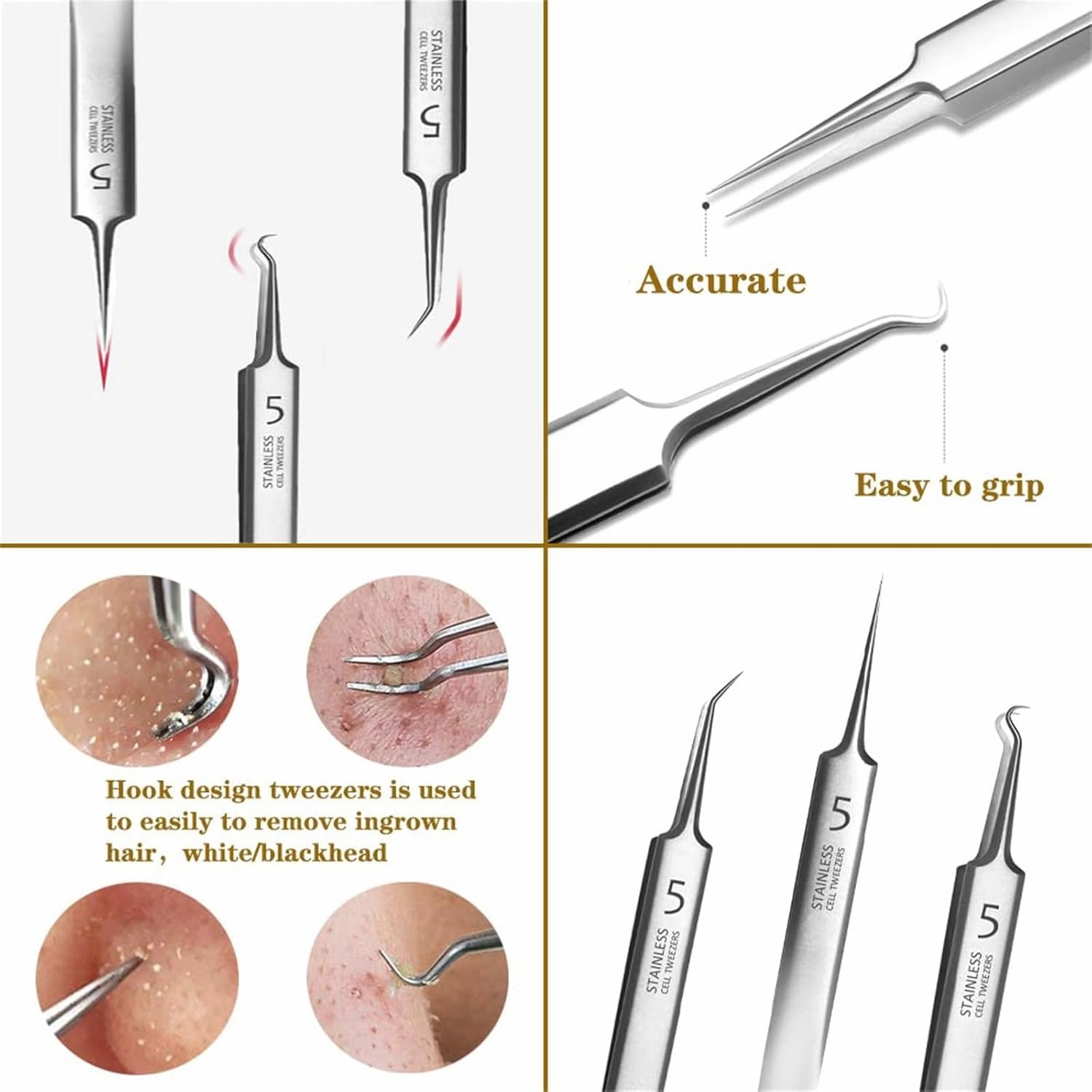 Acssart, Acssart Tweezers, Acssart Blackhead, Acssart Blackhead Remover, Acssart Stainless Steel Blackhead Remover, Stainless Steel Blackhead & Extractor Set, Gentle and Easy to Clean (8Pcs)