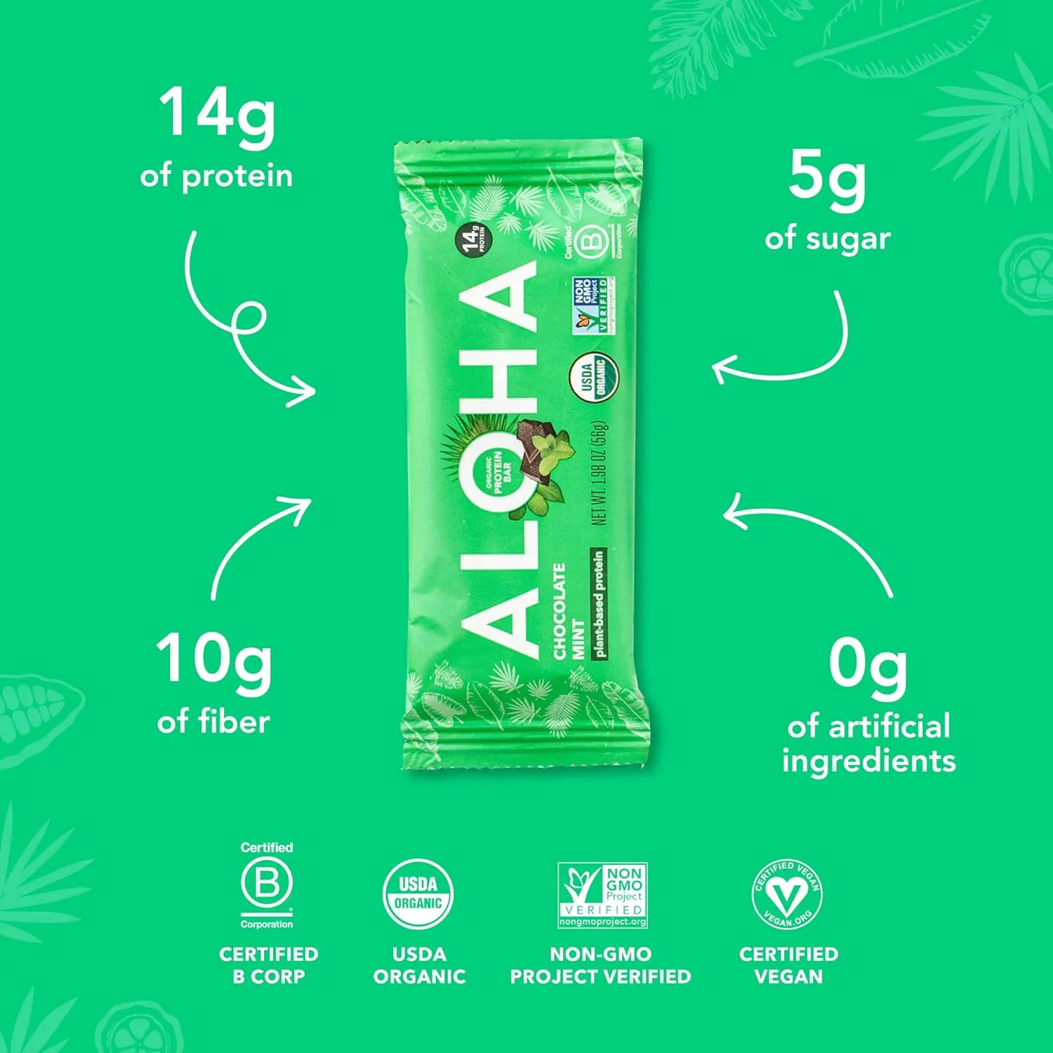 ALOHA Organic Plant Based Protein Bars, Chocolate Mint, 1.98 Oz (Pack of 12)