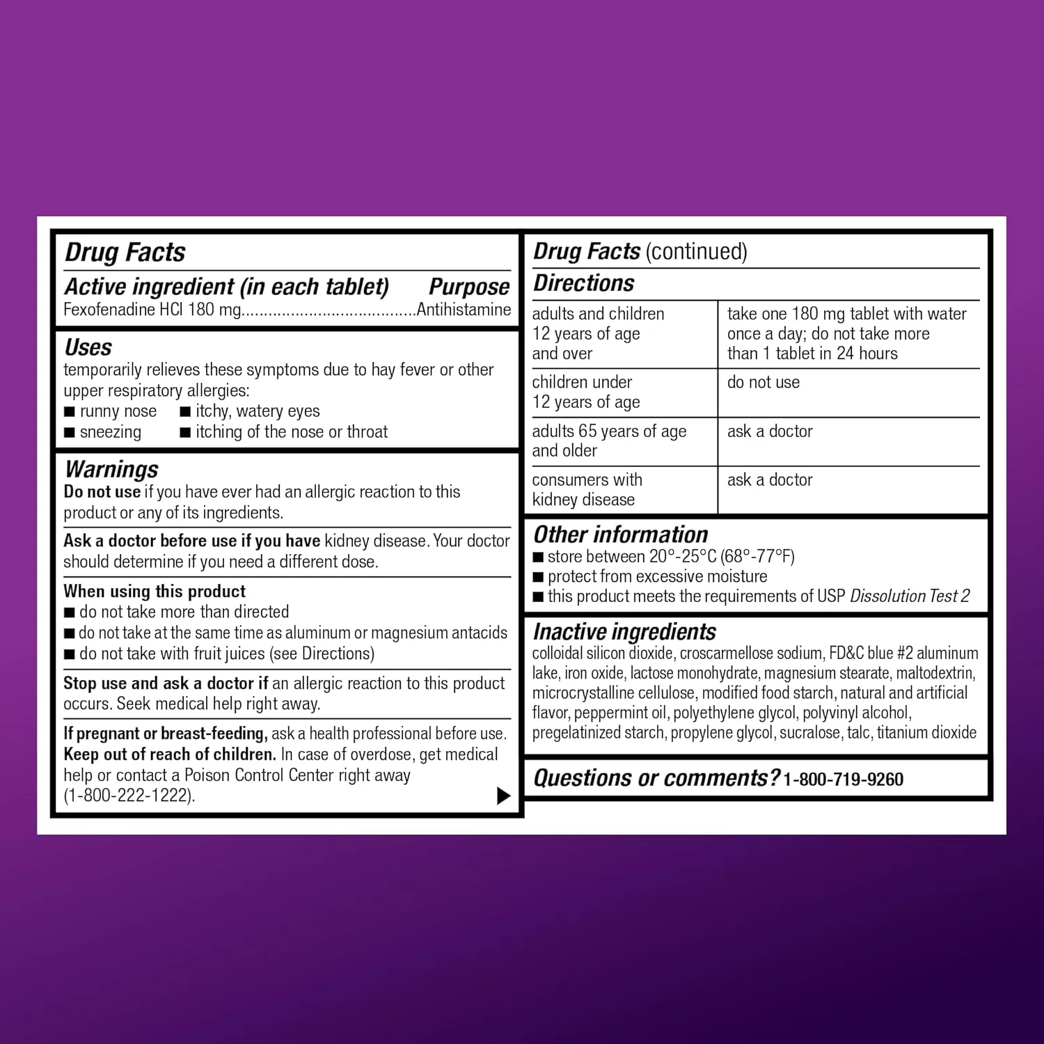 Amazon Basic Care Allergy Relief, 24 Hour, Fexofenadine Hydrochloride 180 mg, Non-Drowsy Antihistamine, Cool Mint Coated Tablets, 70 Count