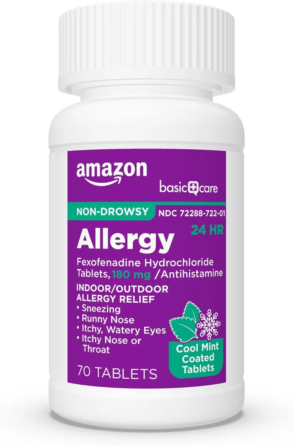 Amazon Basic Care Allergy Relief, 24 Hour, Fexofenadine Hydrochloride 180 mg, Non-Drowsy Antihistamine, Cool Mint Coated Tablets, 70 Count