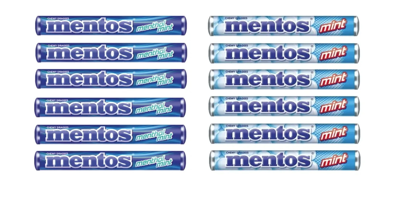 Assorted Menthol Mint Candy Rolls - Chewy Dragees Cooling Menthol and Smooth Classic Non Melting Fun Party Travel Office 1.32 Oz Pack of 12