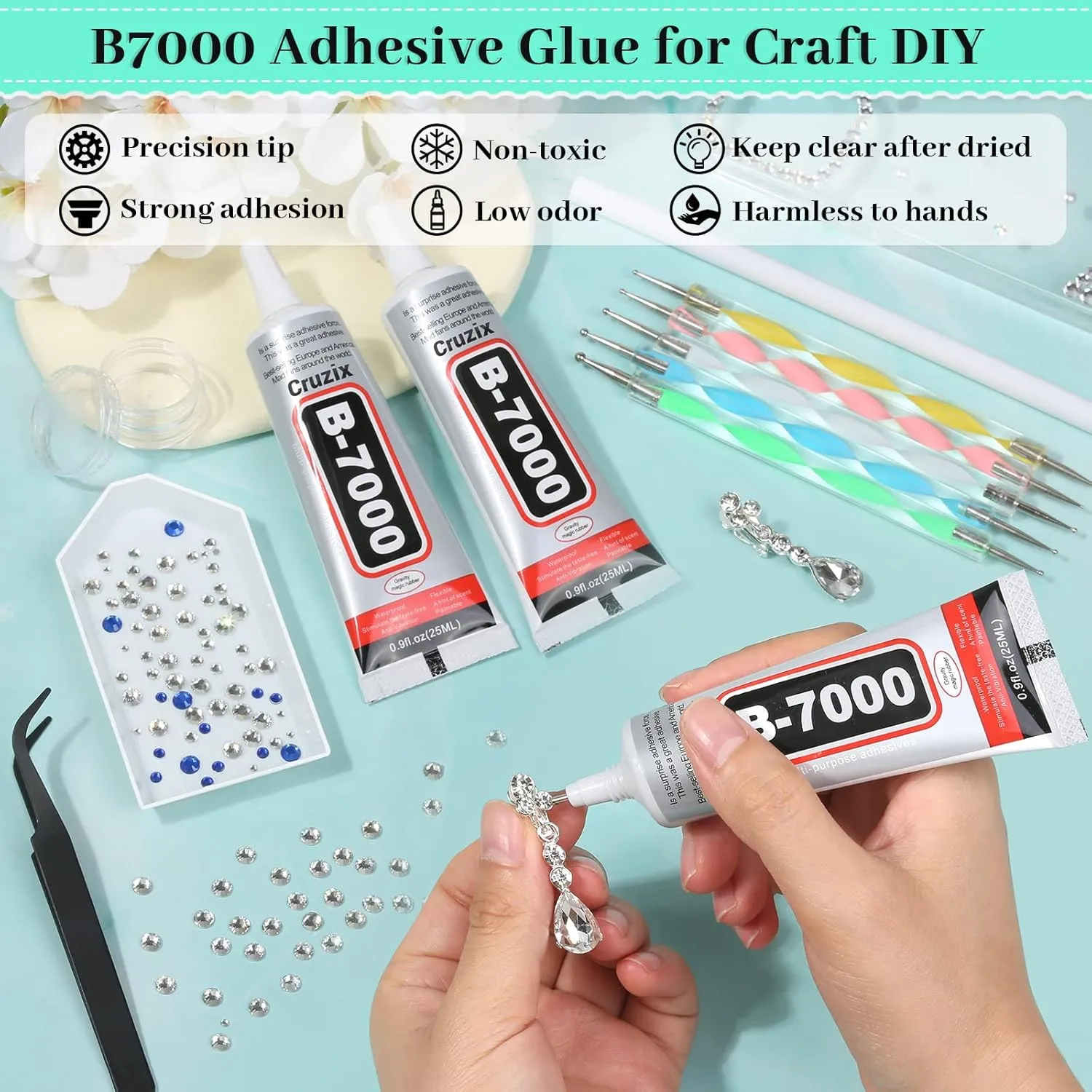 B7000 Glue Clear with Precision Tip, B-7000 Jewelry Bead Glue Adhesive Medium Viscosity with Art Dotting Stylus Pens Rhinestone Applicator Kit for Clothes Fabric Nail Crafts DIY (3 PCS, 25 ML/ 0.9 oz)