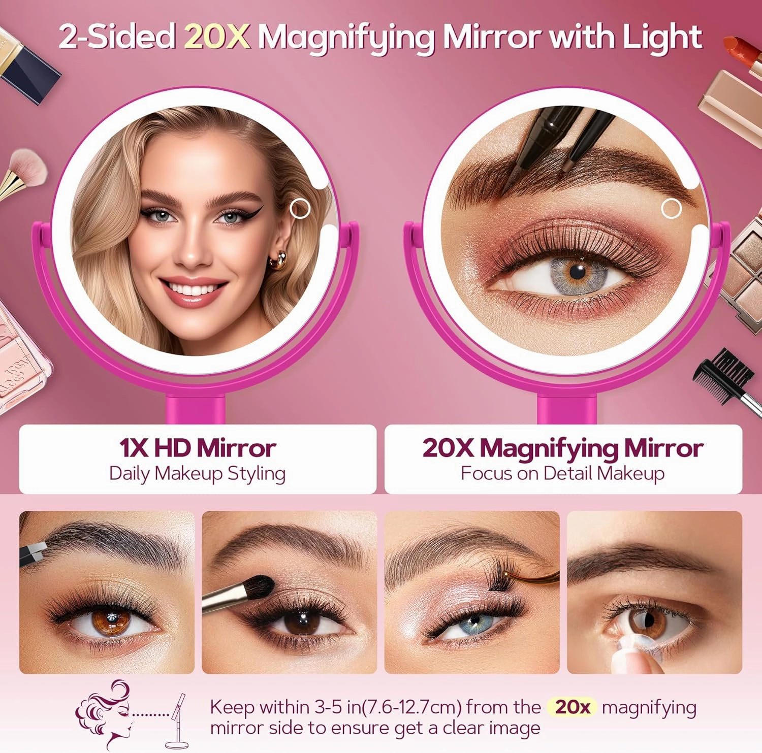 B Beauty Planet Makeup Mirror with Lights, Lighted Magnifying Mirror 20X with 3 Lighting and Adjustable Brightness, 2-Sided Height Adjustable Vanity Mirror for Bathroom, Gifts for Women Hot Pink
