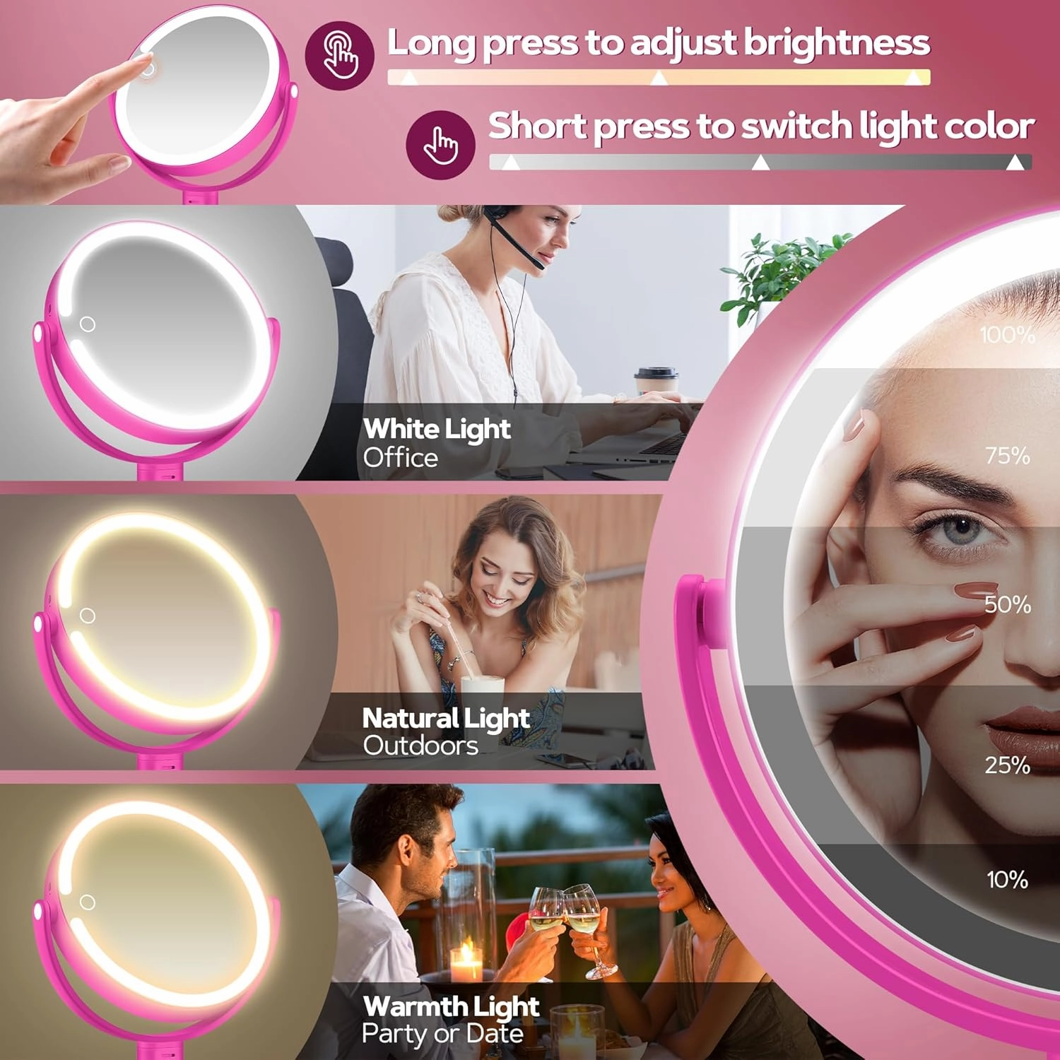 B Beauty Planet Makeup Mirror with Lights, Lighted Magnifying Mirror 20X with 3 Lighting and Adjustable Brightness, 2-Sided Height Adjustable Vanity Mirror for Bathroom, Gifts for Women Hot Pink