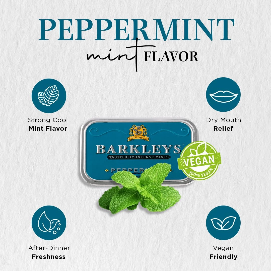 Barkleys Peppermint Breath Mints - Breath Mint, Mints Travel Size, After Dinner Mints, Peppermints Breath Freshener, Peppermint Candy in Reusable Classic Travel Tins, Vegan, 6 Pack - 50 Count Each
