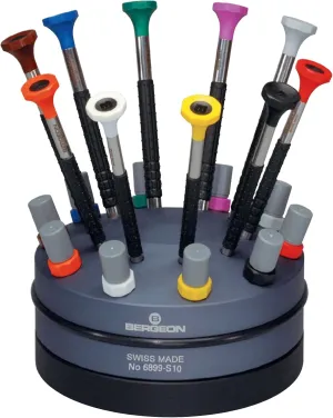 Bergeon 55-604 6899-S10 Rotating Stand with 10 Ergonomic Screwdrivers and 10 Tubes with Spare Blades Watch Repair Kit